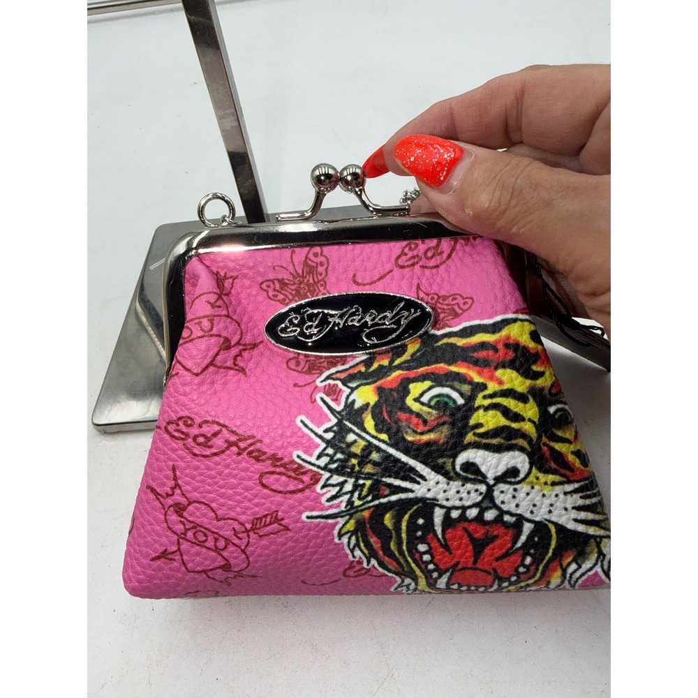 Ed Hardy Pink Tiger Tattoo Kiss Lock Coin Purse Chain Strap EHW11705N-42-PKR NEW - Picture 2 of 7